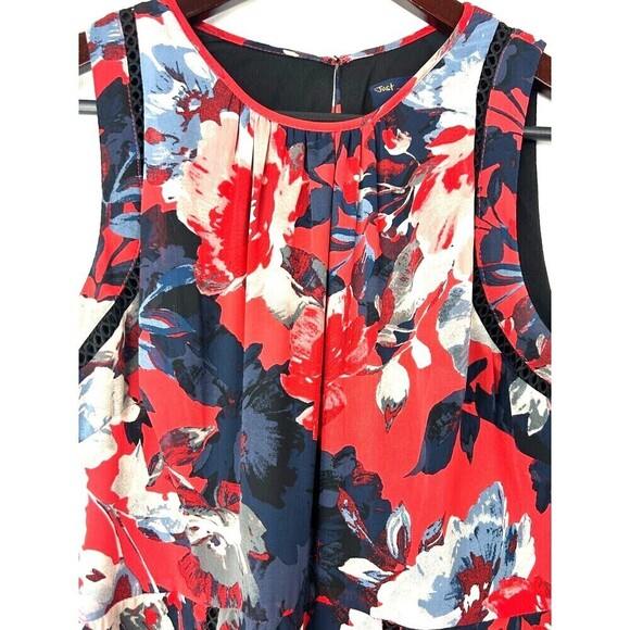 Just Taylor Women Sz 6 Red Navy Floral Dress Eyelet Stitching Sleeveless Midi E - Picture 4 of 13
